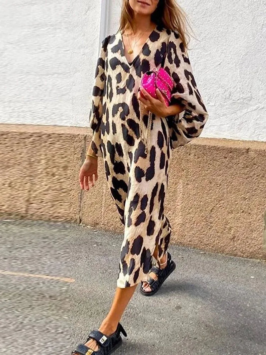 Robe midi femme – Coupe ample – Manches ballon – Décolleté en V – Tissu respirant