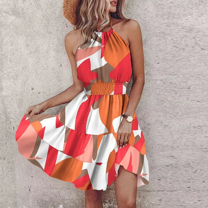 Robe courte femme – Coupe fluide – Col halter – Taille smockée – Imprimé bohème
