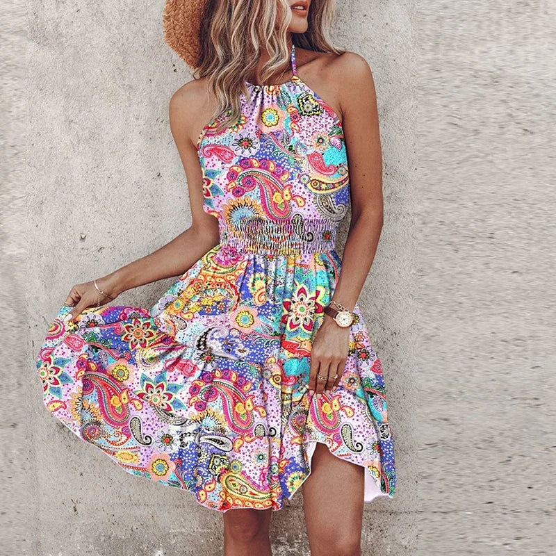 Robe courte femme – Coupe fluide – Col halter – Taille smockée – Imprimé bohème