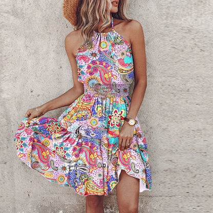 Robe courte femme – Coupe fluide – Col halter – Taille smockée – Imprimé bohème