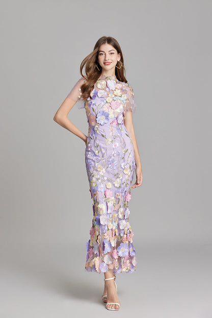 Robe longue femme – Tissu mesh brodé – Coupe ajustée – Col montant transparent
