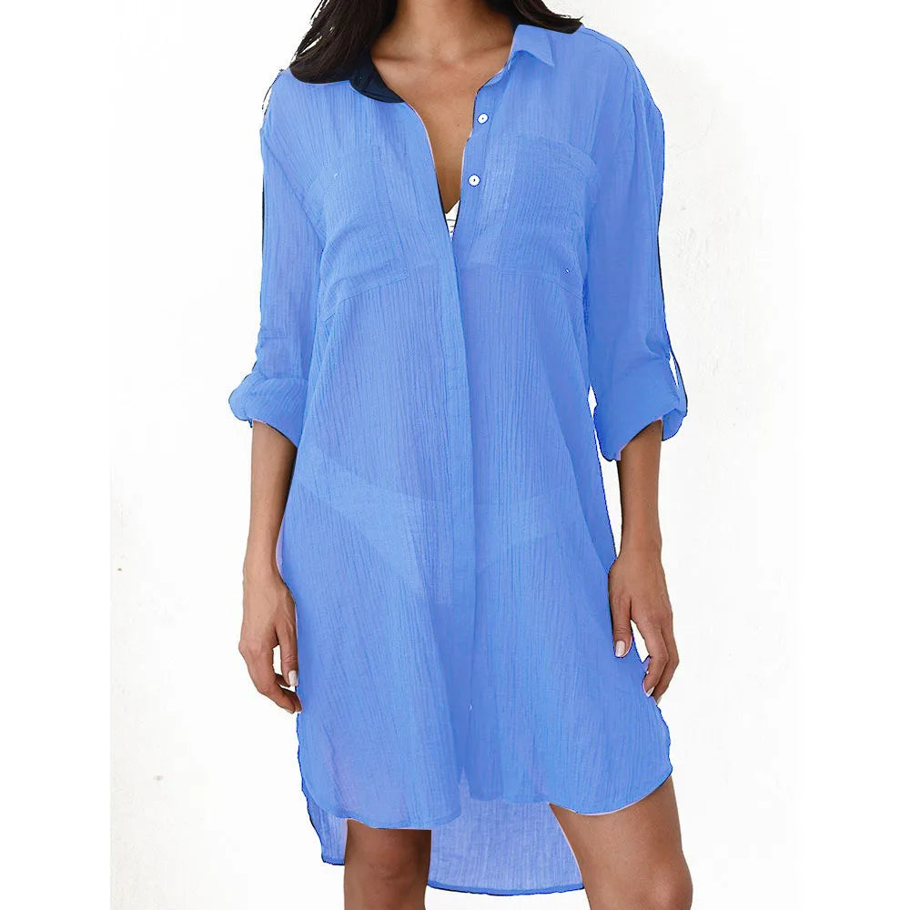 Robe de plage femme – Coupe ample – Tissu respirant – Boutonnée – Manches longues retroussées