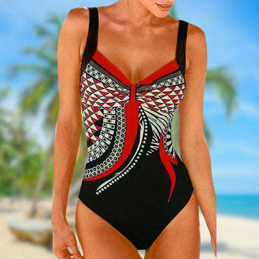 Maillot de bain une pièce femme – Coupe moulante – Bretelles larges – Motif géométrique – Tissu extensible