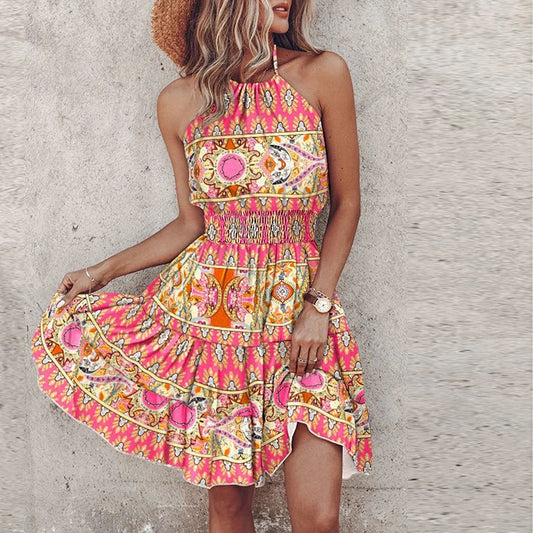 Robe courte femme – Coupe fluide – Col halter – Taille smockée – Imprimé bohème