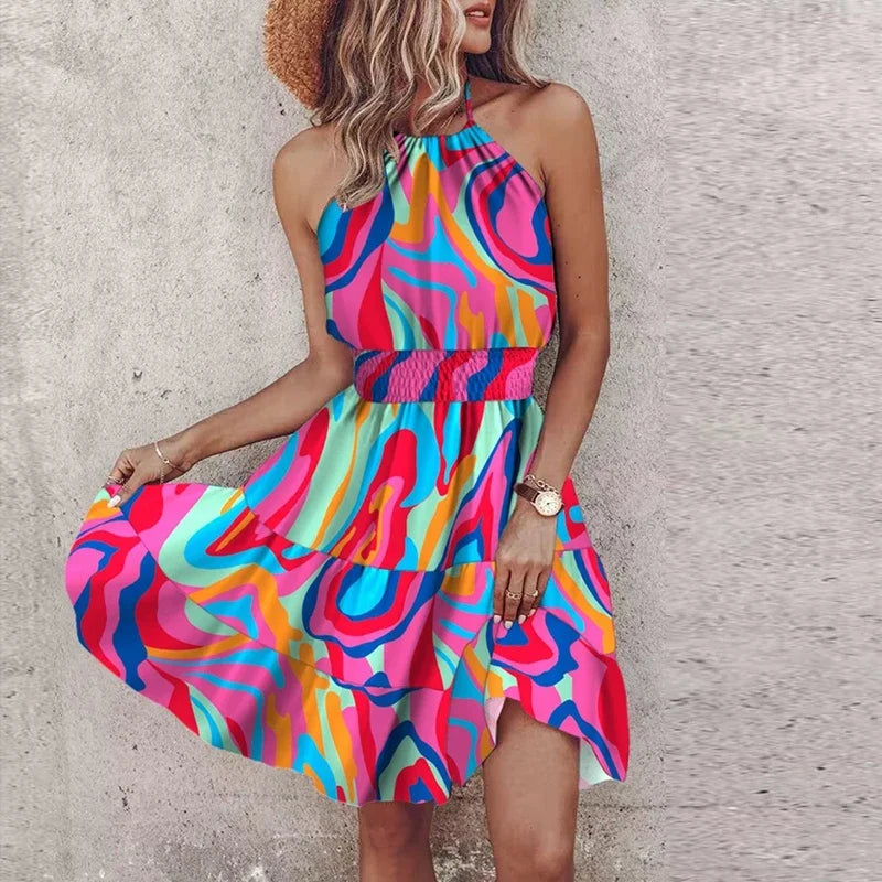 Robe courte femme – Coupe fluide – Col halter – Taille smockée – Imprimé bohème