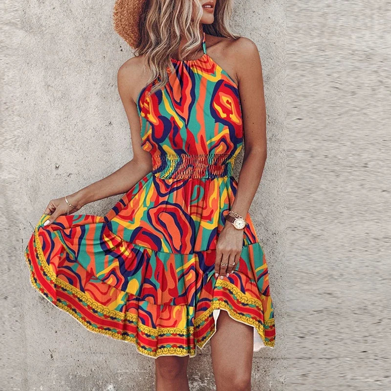 Robe courte femme – Coupe fluide – Col halter – Taille smockée – Imprimé bohème