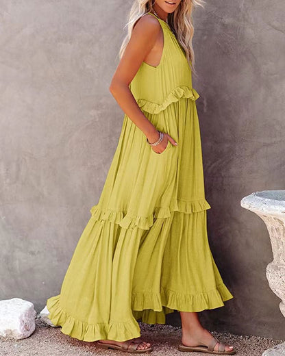 Robe longue femme – Coupe fluide – Col halter – Volants – Fibres naturelles respirantes