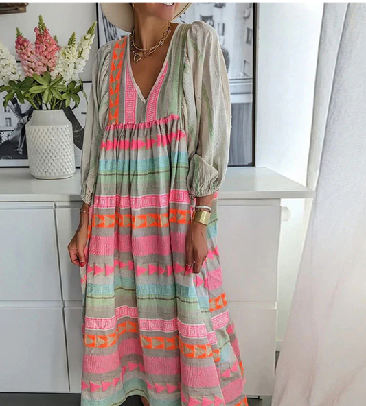 Robe longue femme – Coupe ample – Décolleté en V – Manches longues – Style bohème