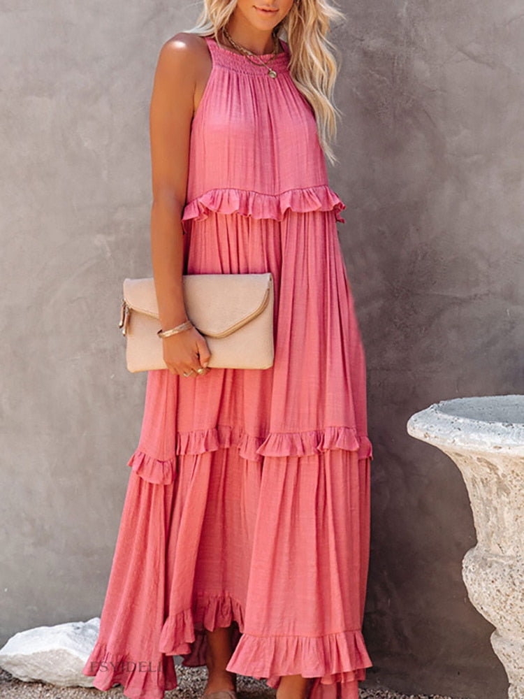 Robe longue femme – Coupe fluide – Col halter – Volants – Fibres naturelles respirantes