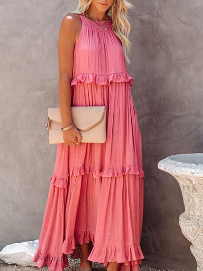 Robe longue femme – Coupe fluide – Col halter – Volants – Fibres naturelles respirantes