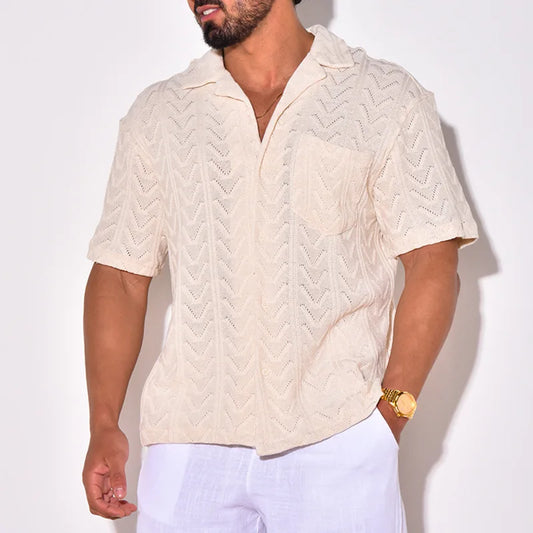 Chemise homme en maille – Coupe décontractée – Manches courtes – Col casual – Poche poitrine