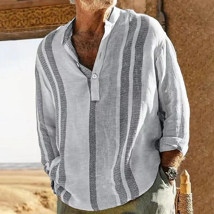 Chemise homme décontractée – Coupe ample – Col mao – Rayures – Tissu respirant