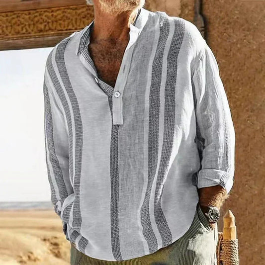 Chemise homme décontractée – Coupe ample – Col mao – Rayures – Tissu respirant