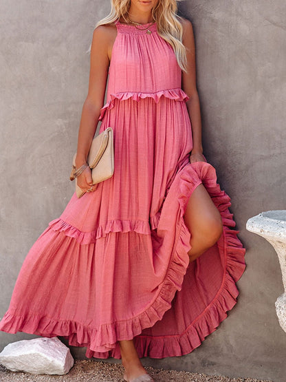 Robe longue femme – Coupe fluide – Col halter – Volants – Fibres naturelles respirantes