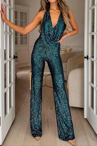 Combinaison femme – Coupe moulante – Style dos nu – Encolure drapée – Sequins brillants
