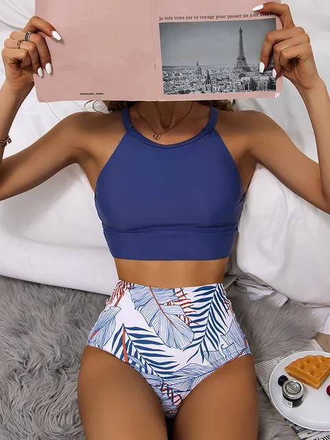 Femme Ensemble bikini – Haut col montant – Bas taille haute imprimé feuilles – Tissu extensible