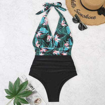 Maillot de bain 1 pièce femme – Décolleté plongeant – Dos nu – Taille froncée – Tissu extensible