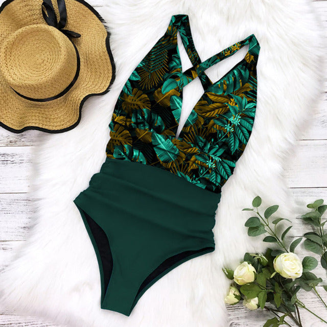 Maillot de bain 1 pièce femme – Décolleté plongeant – Dos nu – Taille froncée – Tissu extensible
