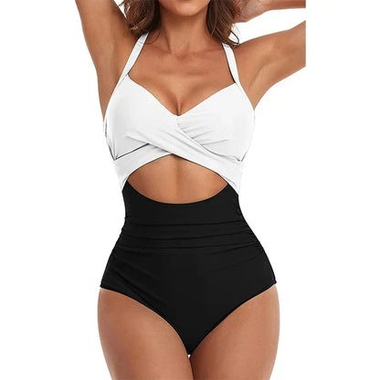 Maillot de bain une pièce femme – Coupe moulante – Décolleté croisé – Taille haute ajourée