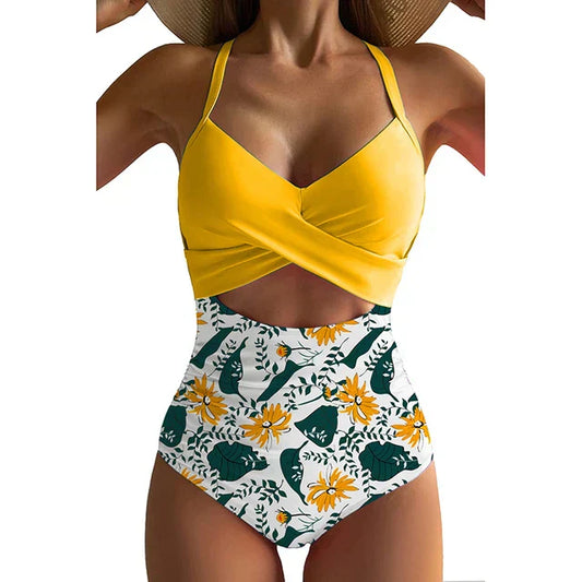 Maillot de bain une pièce femme – Coupe moulante – Décolleté croisé – Taille haute ajourée