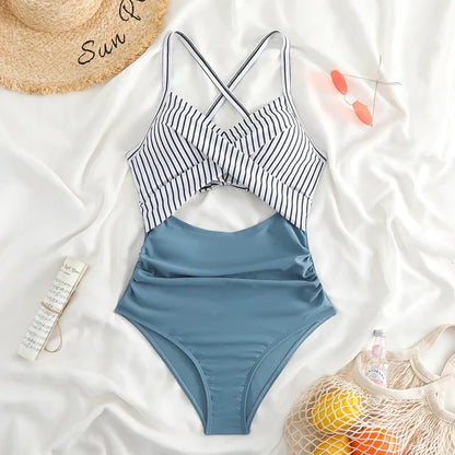 Maillot de bain une pièce femme – Coupe moulante – Décolleté croisé – Taille haute ajourée