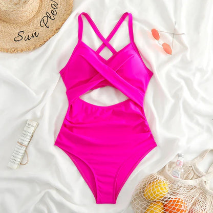 Maillot de bain une pièce femme – Coupe moulante – Décolleté croisé – Taille haute ajourée