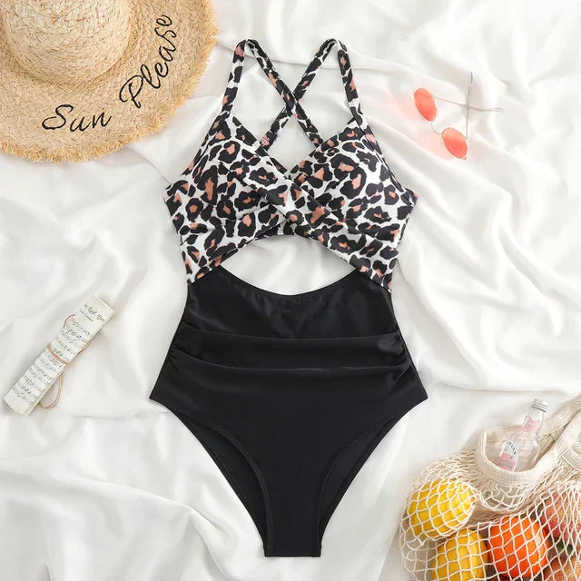 Maillot de bain une pièce femme – Coupe moulante – Décolleté croisé – Taille haute ajourée