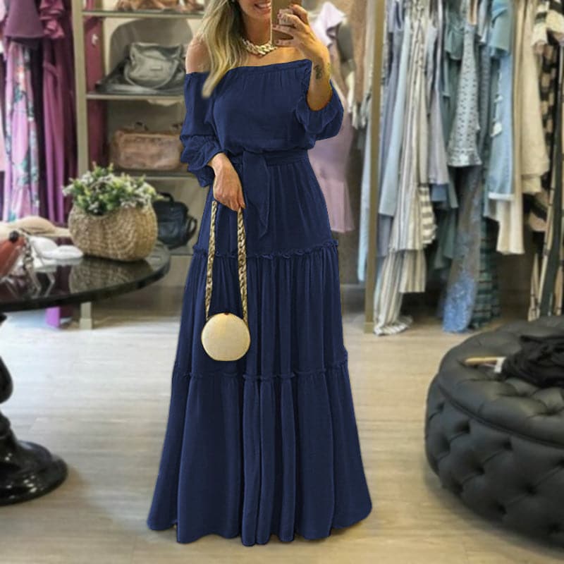 Robe longue femme – Épaules dénudées – Coupe ample – Jupe volantée