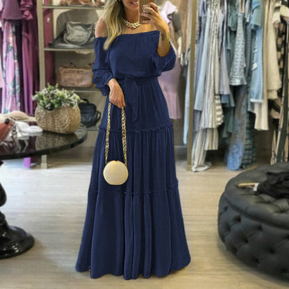 Robe longue femme – Épaules dénudées – Coupe ample – Jupe volantée