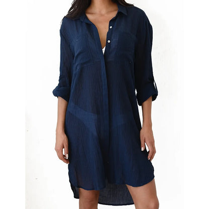 Robe de plage femme – Coupe ample – Tissu respirant – Boutonnée – Manches longues retroussées