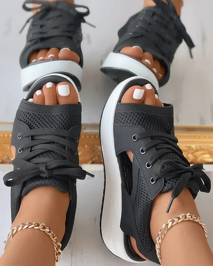 Sandales femme à lacets – Bout ouvert – Semelle plateforme – Tissu respirant ajouré