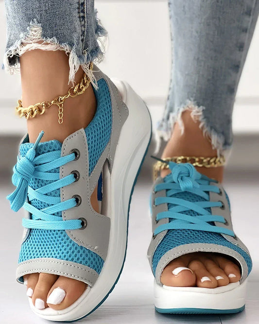 Sandales femme à lacets – Bout ouvert – Semelle plateforme – Tissu respirant ajouré