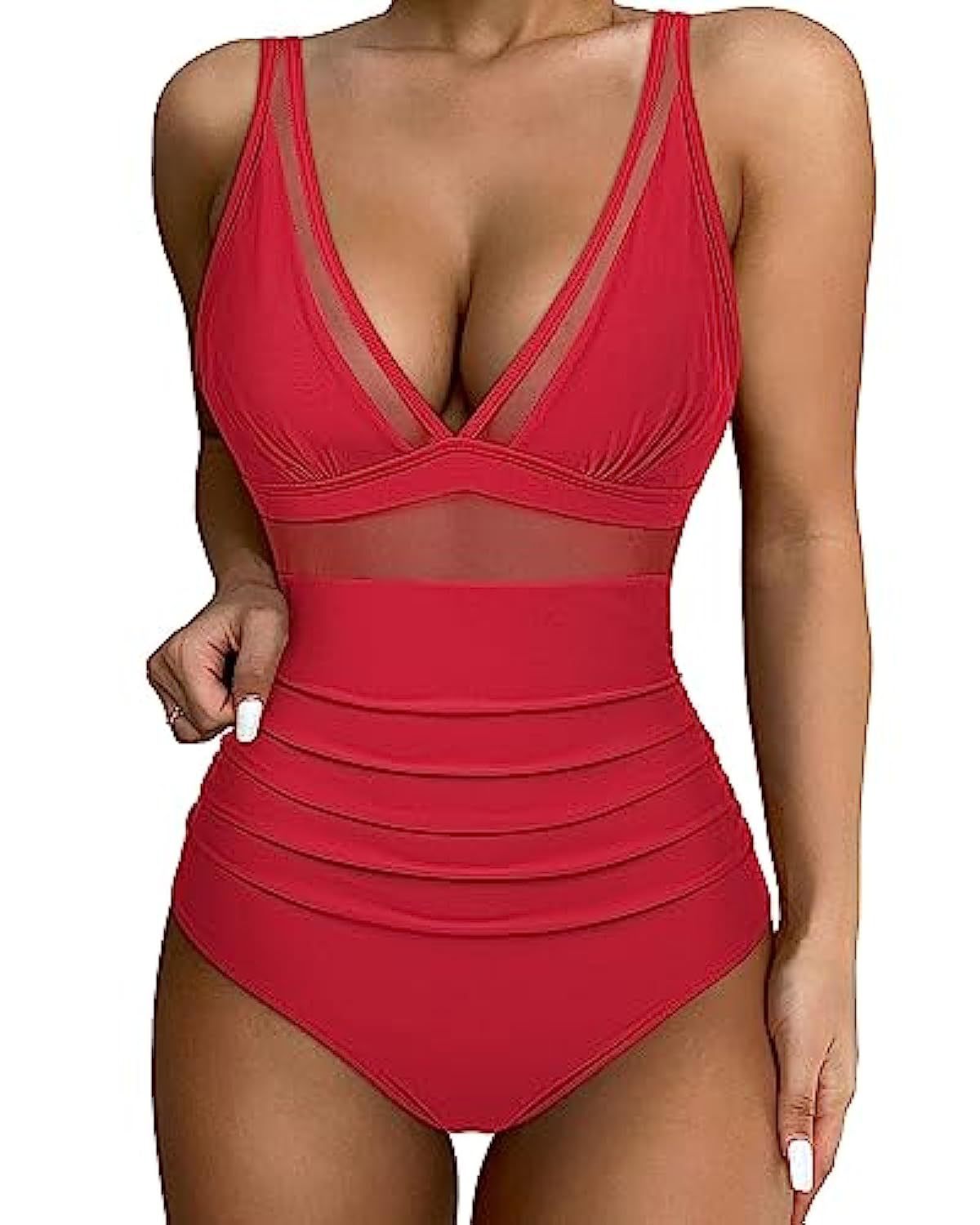 Maillot de bain femme – Coupe moulante – Décolleté plongeant – Détails en mesh respirants