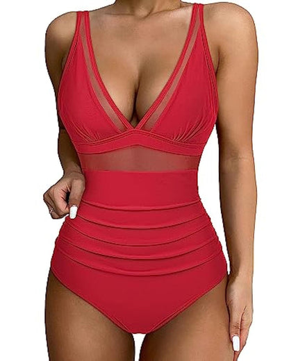 Maillot de bain femme – Coupe moulante – Décolleté plongeant – Détails en mesh respirants