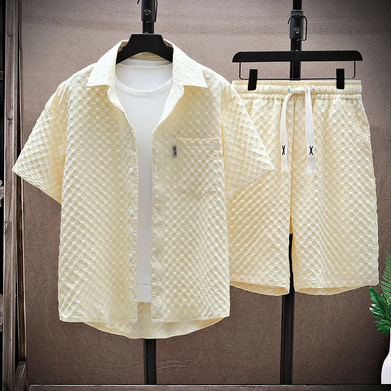 Men's streetwear set – Relaxed fit – Breathable textured fabric – Button-up shirt and drawstring shorts