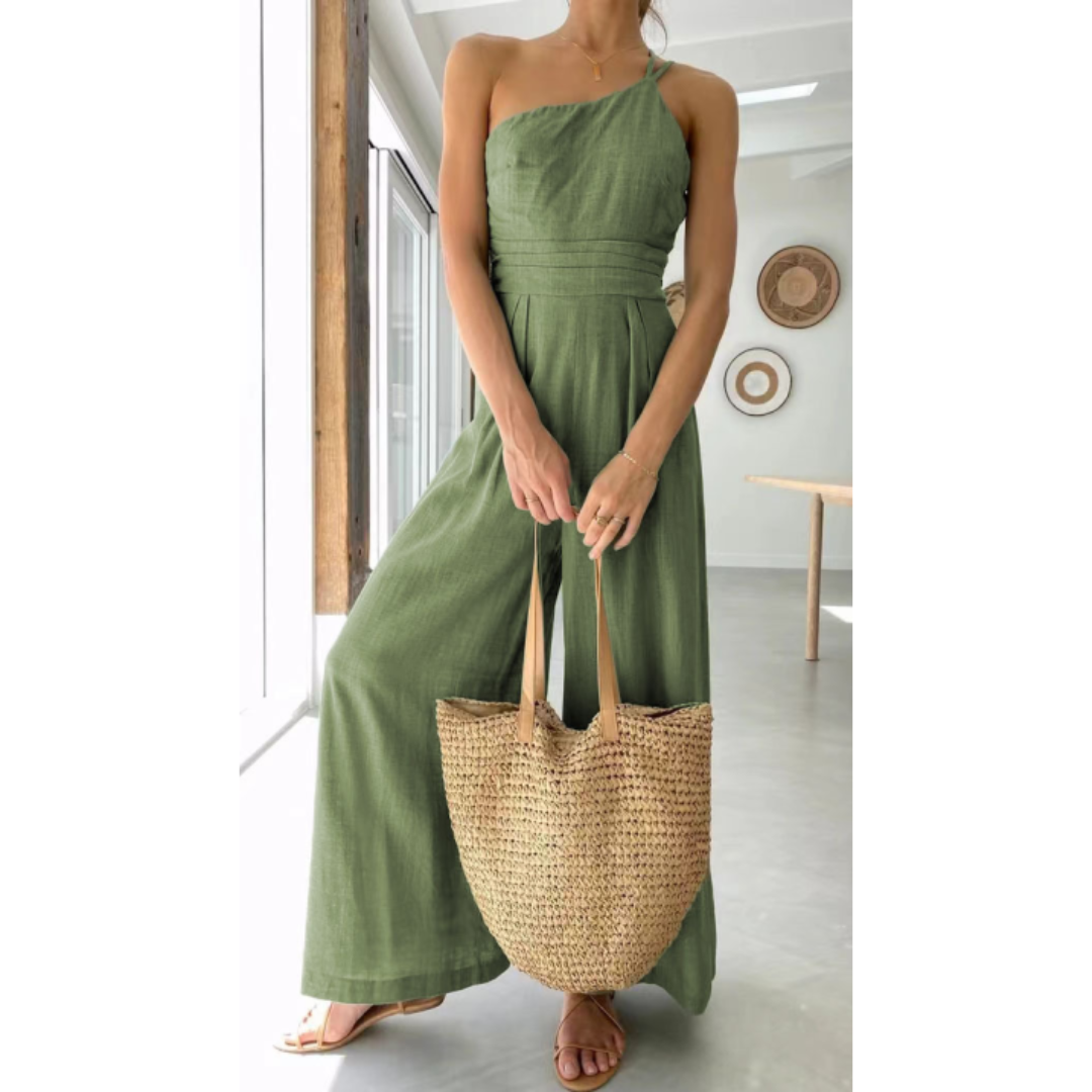 Combinaison femme – Coupe cintrée – Jambes larges – Encolure asymétrique – Tissu respirant