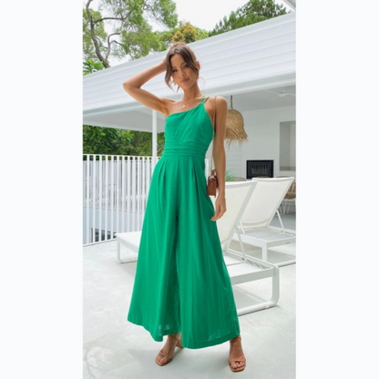 Combinaison femme – Coupe cintrée – Jambes larges – Encolure asymétrique – Tissu respirant