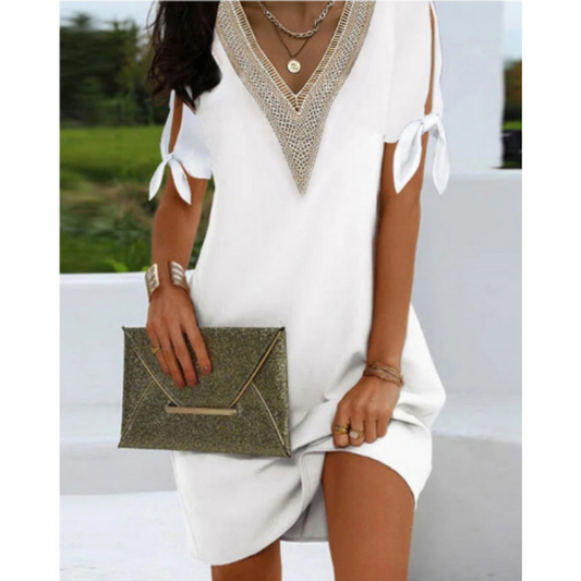 Robe tunique femme – Coupe décontractée – Col V mesh – Manches à nouer