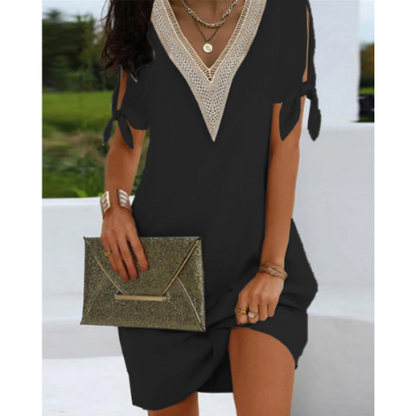 Robe tunique femme – Coupe décontractée – Col V mesh – Manches à nouer