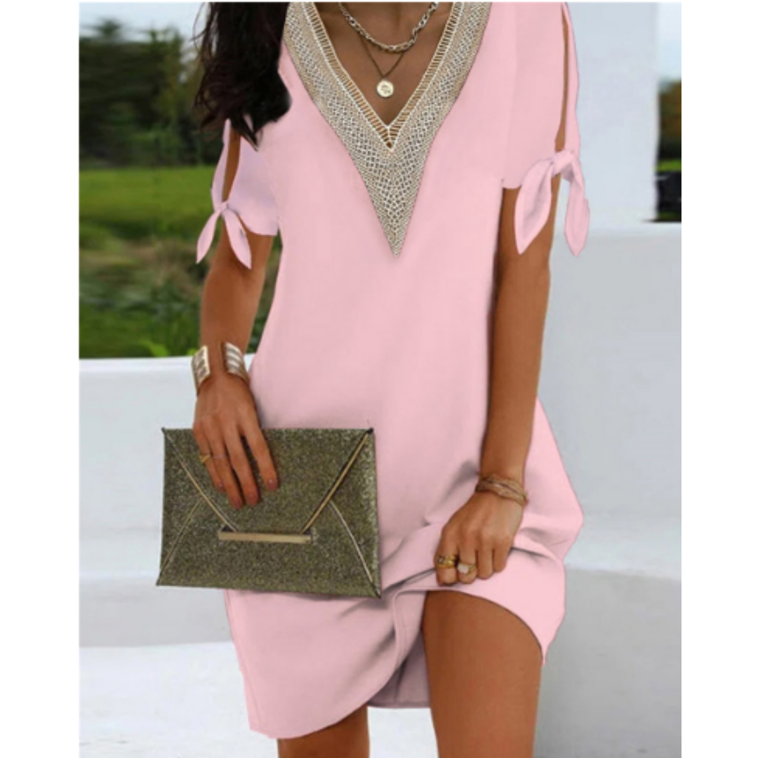 Robe tunique femme – Coupe décontractée – Col V mesh – Manches à nouer