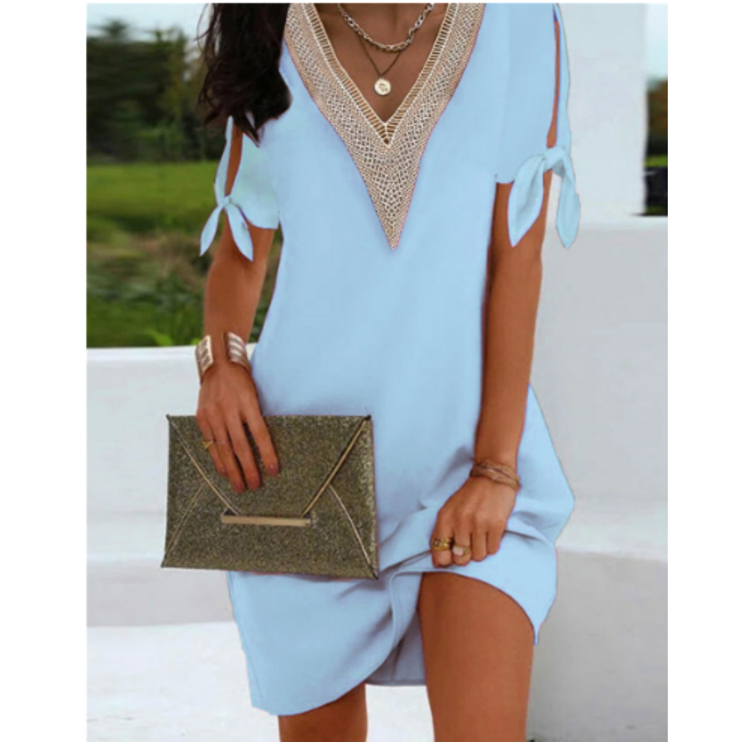 Robe tunique femme – Coupe décontractée – Col V mesh – Manches à nouer