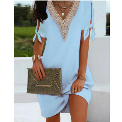 Robe tunique femme – Coupe décontractée – Col V mesh – Manches à nouer