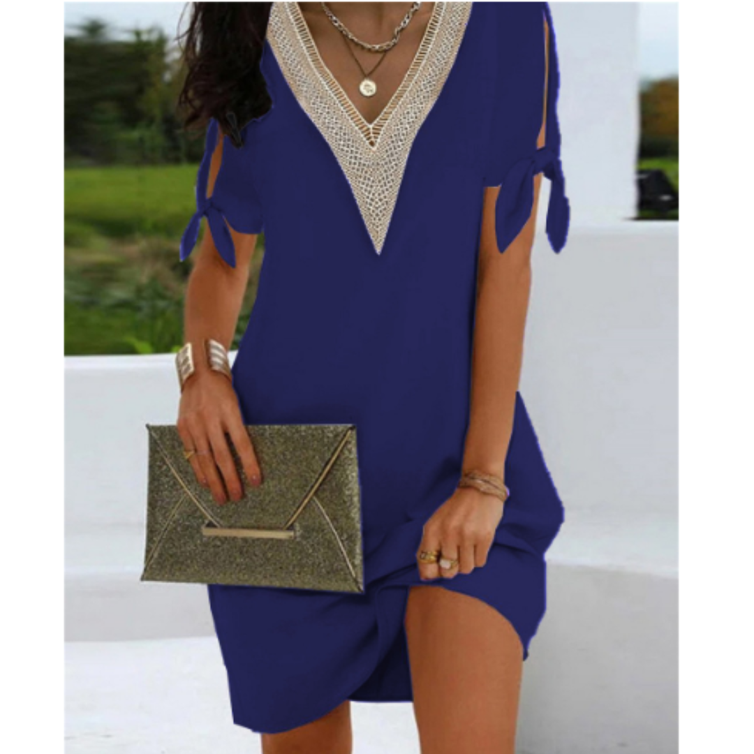 Robe tunique femme – Coupe décontractée – Col V mesh – Manches à nouer