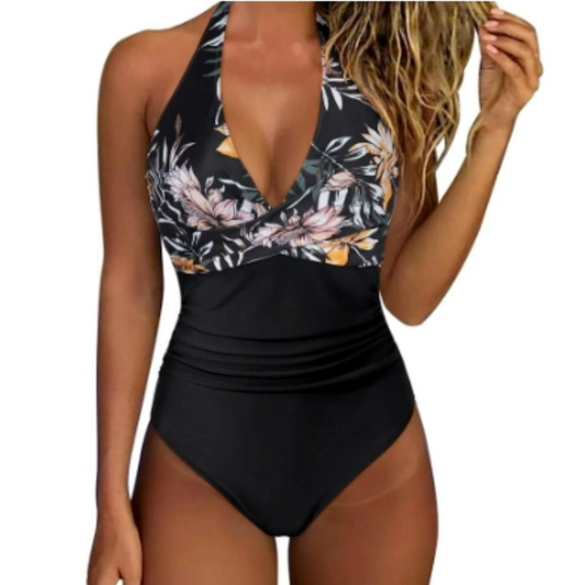 Maillot de bain une pièce femme – Col halter – Décolleté plongeant – Taille froncée