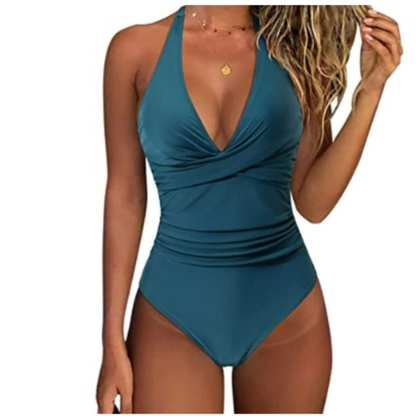 Maillot de bain une pièce femme – Col halter – Décolleté plongeant – Taille froncée