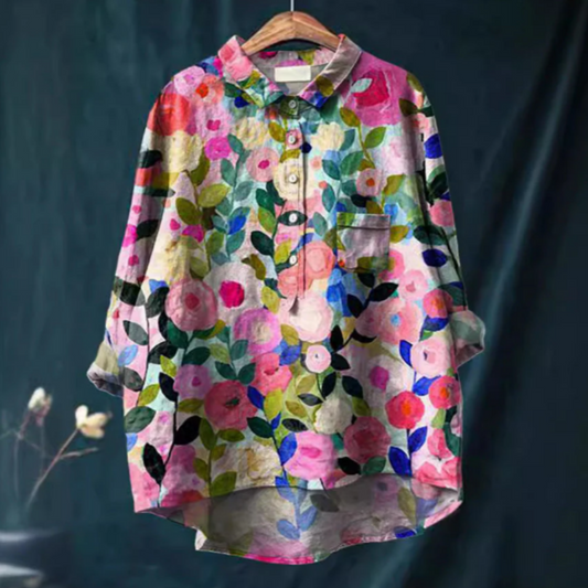 Blouse femme – Coupe ample – Imprimé fleuri – Fibres naturelles – Fermeture boutonnée
