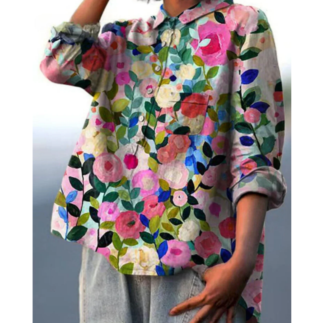 Blouse femme – Coupe ample – Imprimé fleuri – Fibres naturelles – Fermeture boutonnée