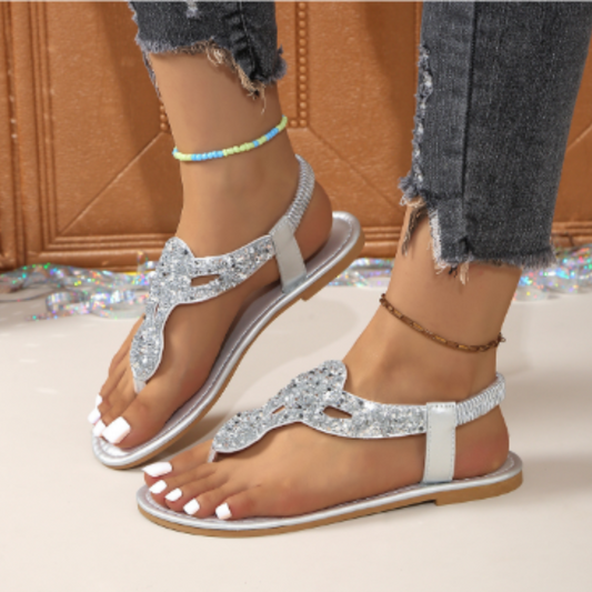 Sandales femme tongs – Finition lisse – Lanières strass – Semelle rembourrée – Ajustement fin