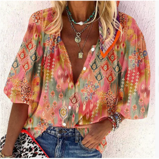 Blouse femme – Coupe décontractée – Manches bouffantes – Imprimé graphique – Col plongeant – Fermeture boutonnée