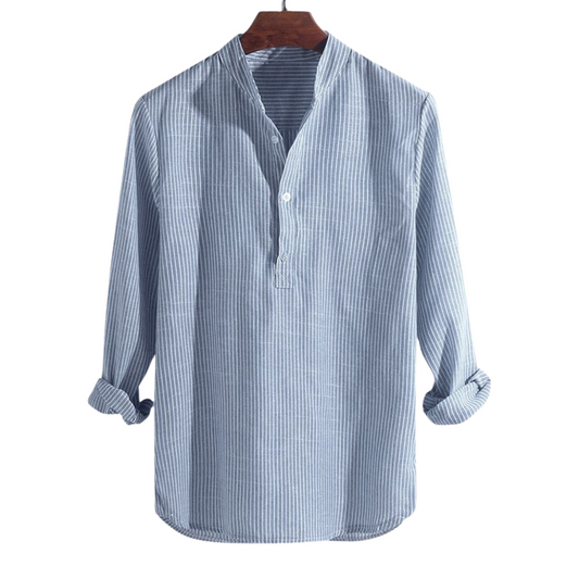 Chemise pour hommes – Coupe ample – Fibre naturelle respirante – Rayures – Boutonnage partiel